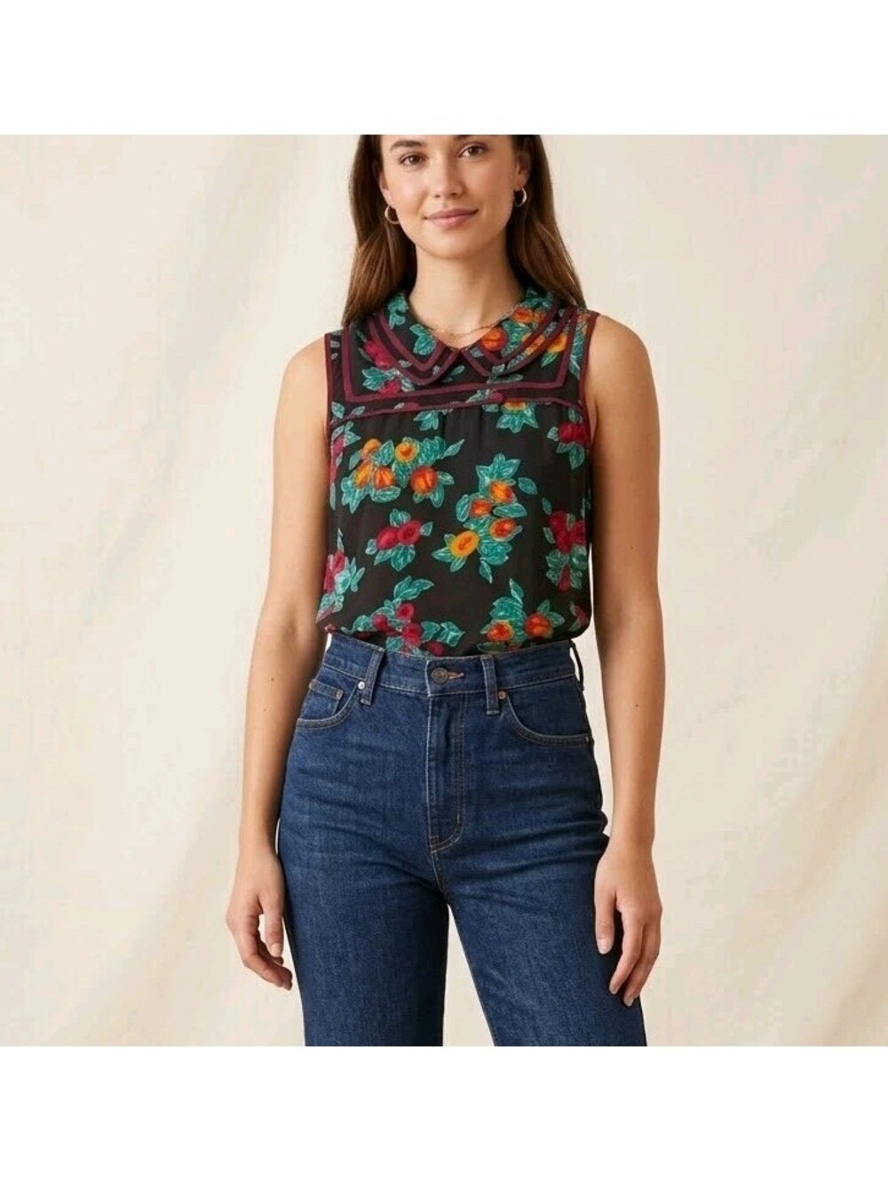 ModCloth Top Womens S Black Floral Collared Sleeveless Summer Casual Blouse